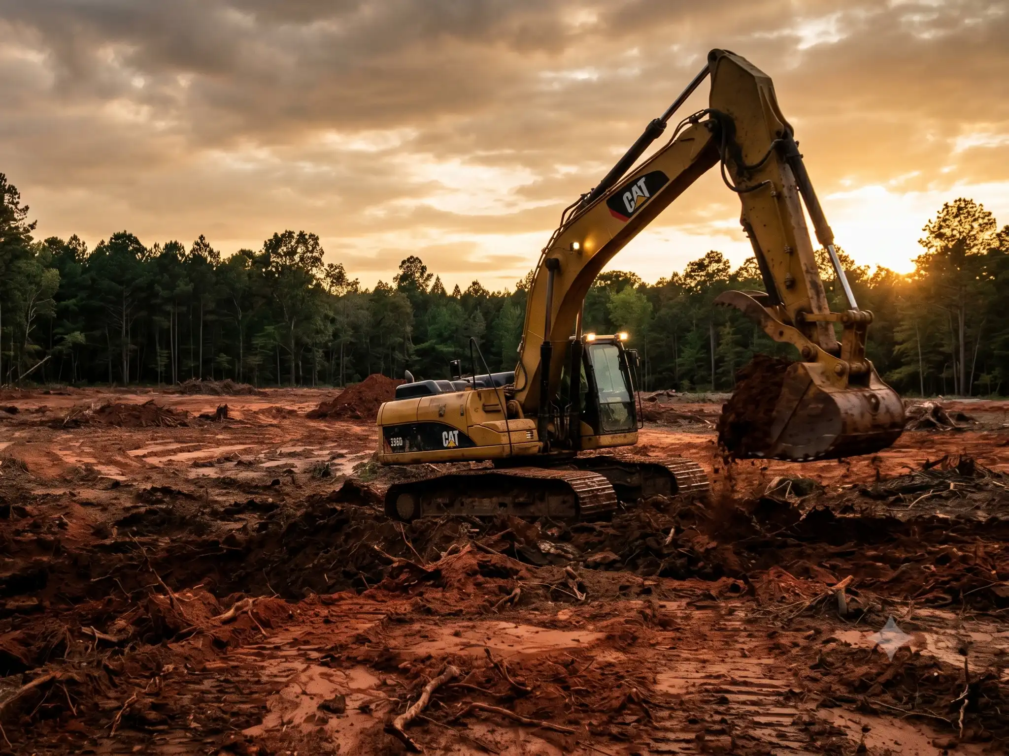 CAMCO Earthworks excavator working a job site in Central Arkansas at sunset